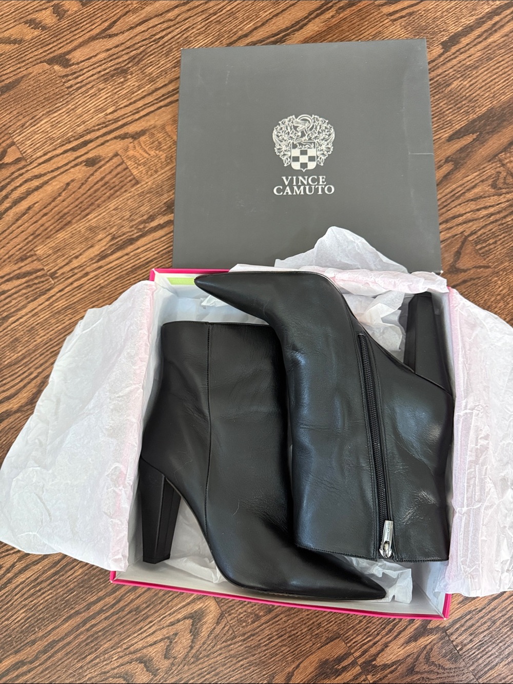Vince Camuto Black Leather Pointed-Toe Ankle Booties with Side Zip